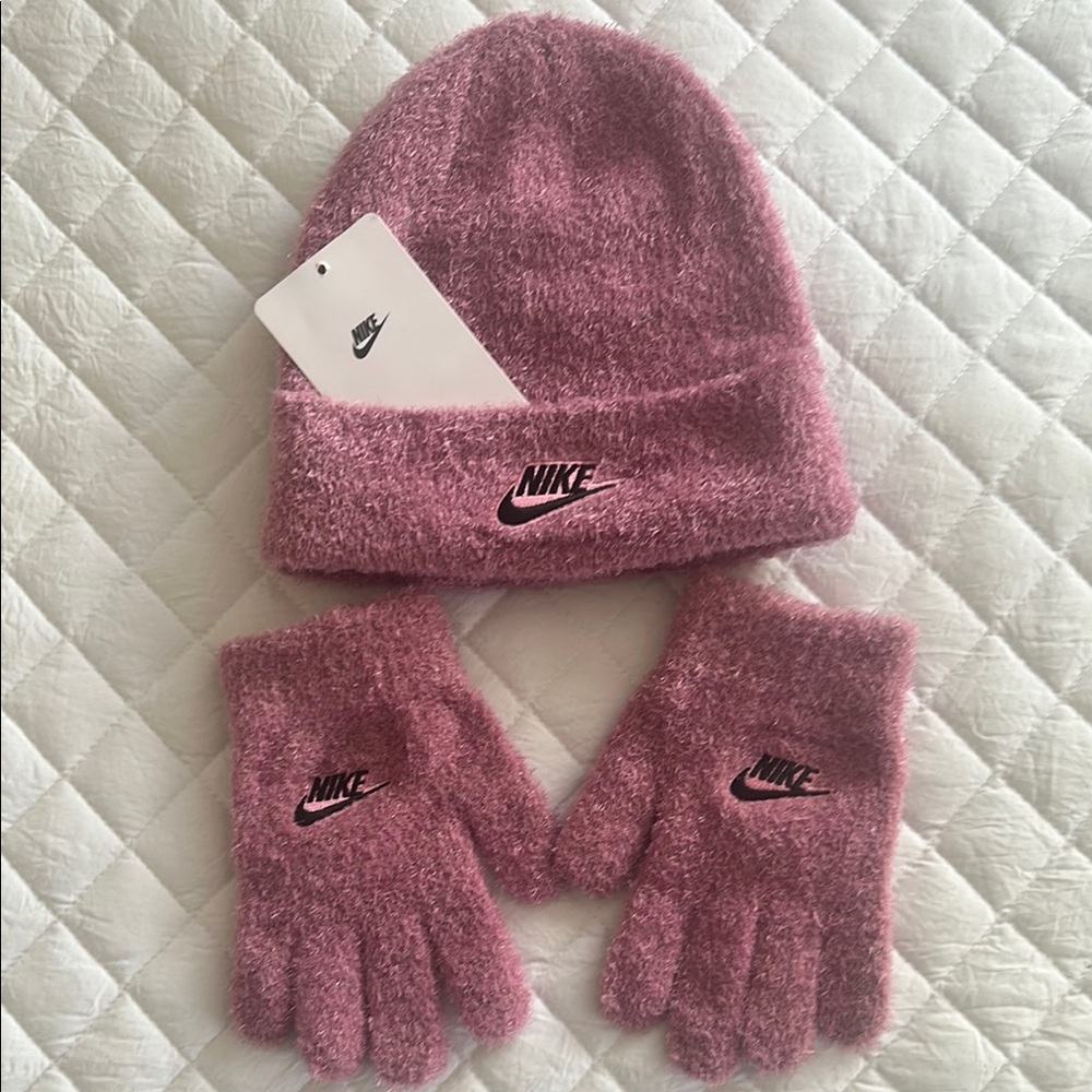 Nike Kids Pink Beanie and Gloves Set